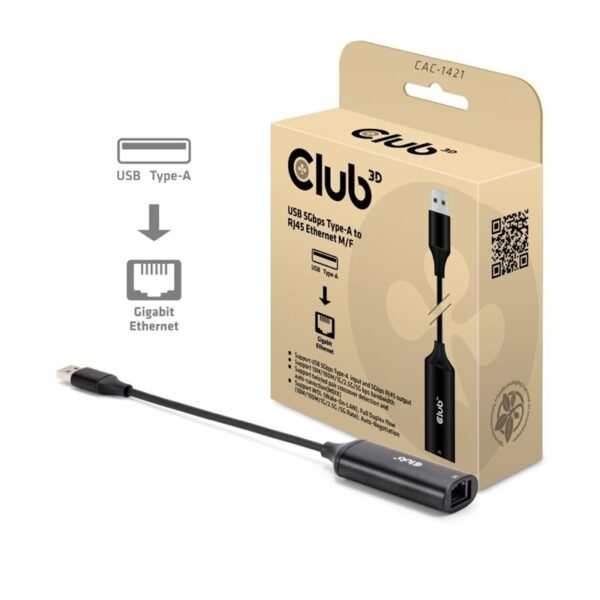 CLUB 3D USB 5Gbps Type-A to RJ45 Ethernet M/F Adapter-sovitin