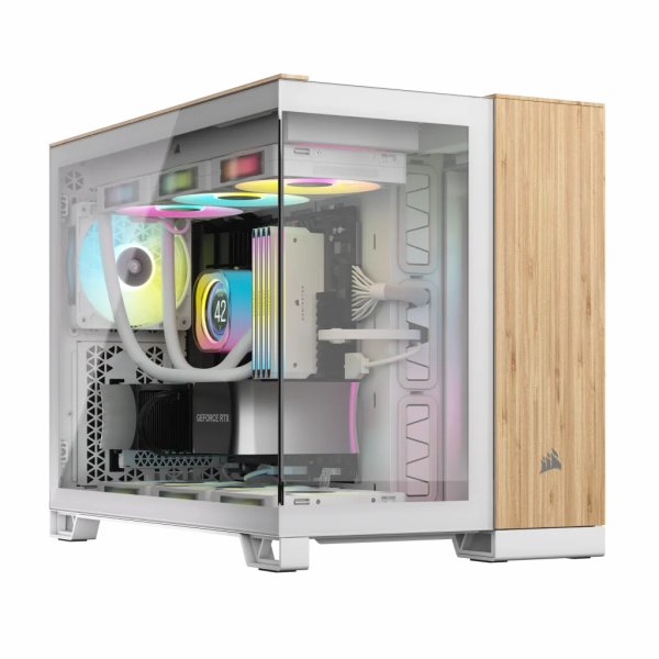 Corsair 2500X Tempered Glass mATX Mid Tower White/Bamboo Wood – Kaksikammioinen PC-kotelo lasipaneeleilla