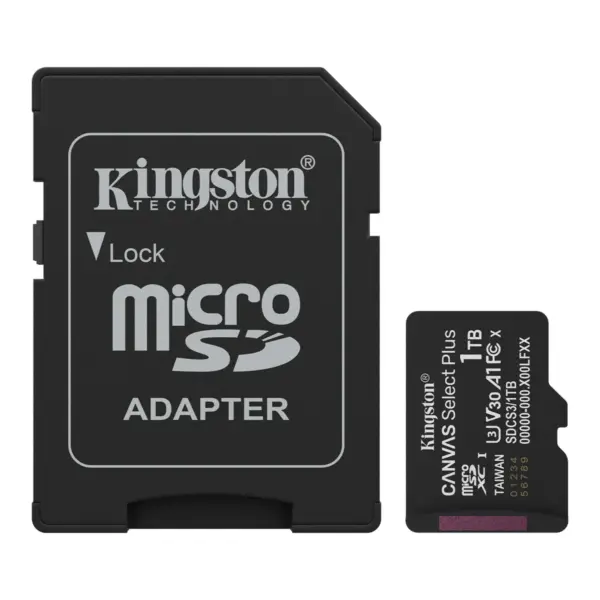 Kingston Canvas Select Plus 1TB microSDXC UHS-I A1 V30 150MB/s muistikortti + SD-adapteri SDCS3/1TB