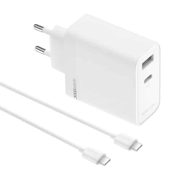 realme SUPERVOOC 80W Dual Port GaN Laturi USB-C Kaapelilla – USB-C + USB-A, Valkoinen